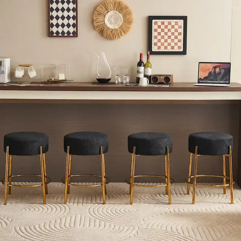 Black & Gold Round Upholstered Bar Stool, Set of 2