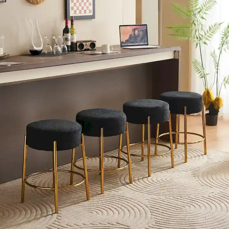 Black & Gold Round Upholstered Bar Stool, Set of 2
