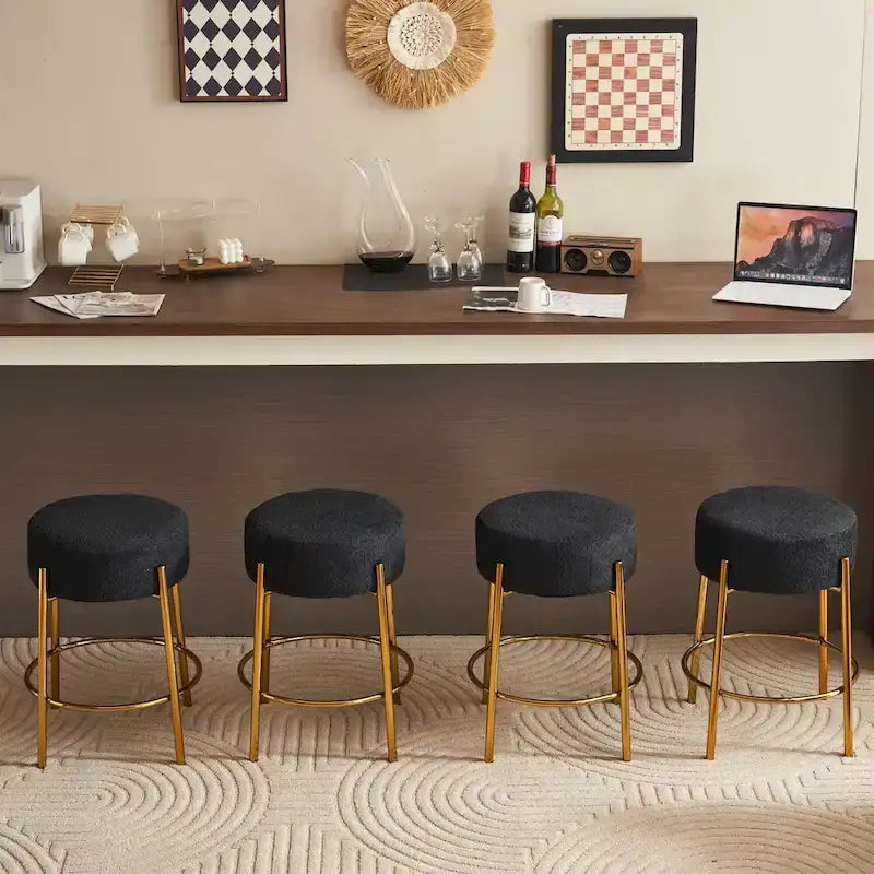 Black & Gold Round Upholstered Bar Stool, Set of 2