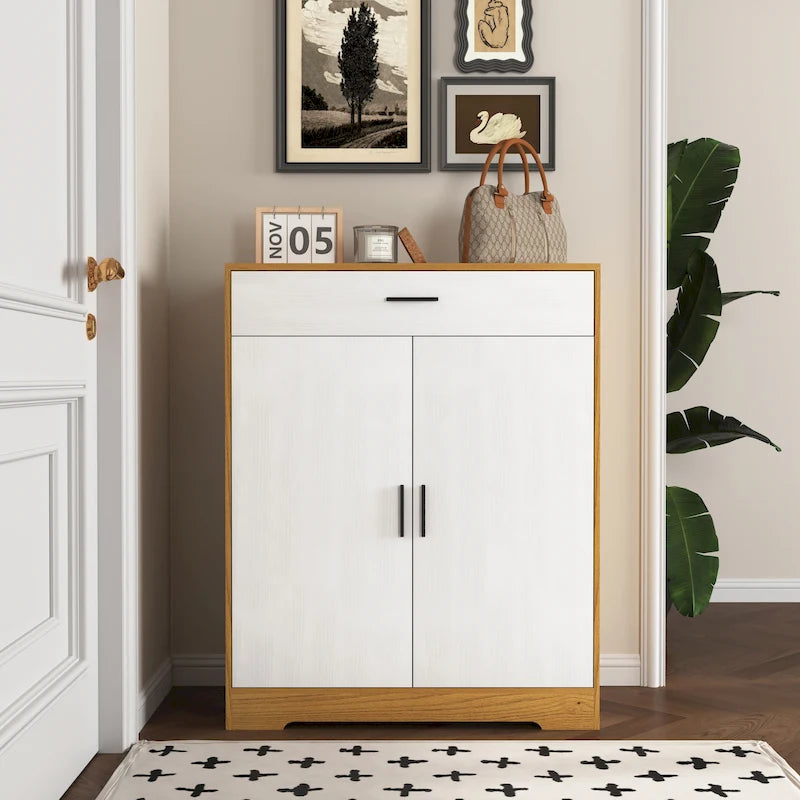 Zapatero de 4 niveles con cajón y 2 puertas, estantes ajustables – Nogal / Natural