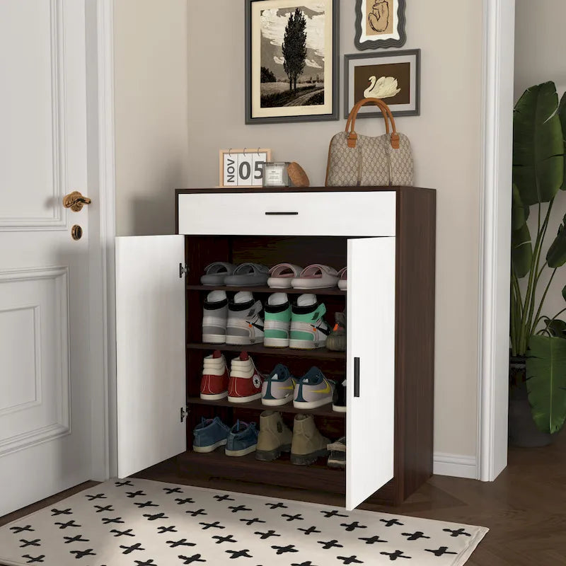 4-Tier Shoe Cabinet with Drawer & 2 Doors, Adjustable Shelves – Walnut / Natural