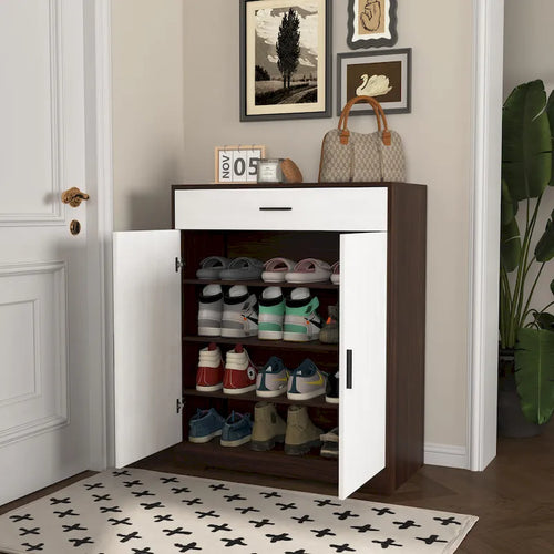 4-Tier Shoe Cabinet with Drawer & 2 Doors, Adjustable Shelves – Walnut / Natural