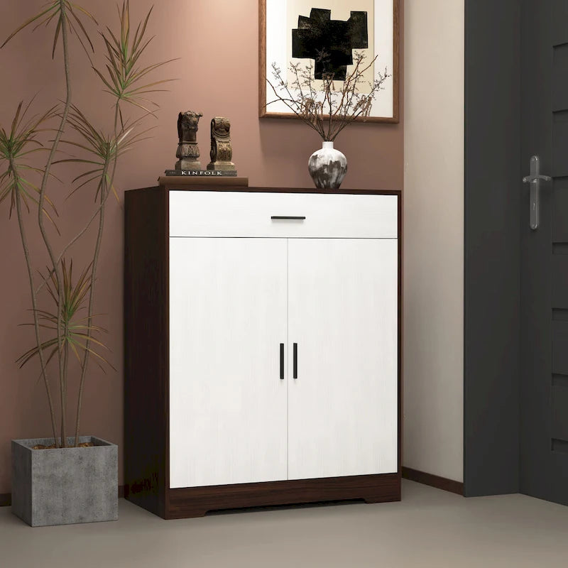 4-Tier Shoe Cabinet with Drawer & 2 Doors, Adjustable Shelves – Walnut / Natural