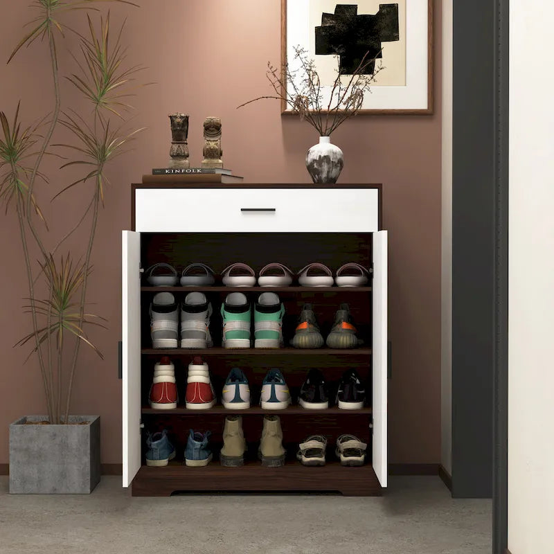 4-Tier Shoe Cabinet with Drawer & 2 Doors, Adjustable Shelves – Walnut / Natural