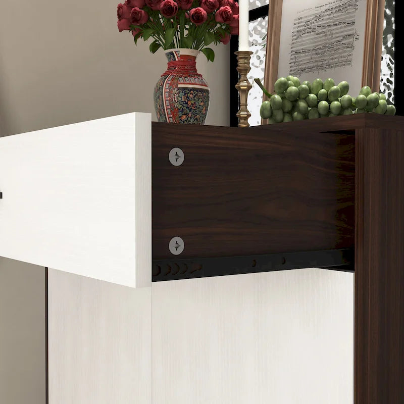 4-Tier Shoe Cabinet with Drawer & 2 Doors, Adjustable Shelves – Walnut / Natural