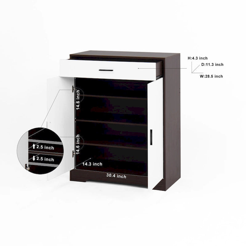 4-Tier Shoe Cabinet with Drawer & 2 Doors, Adjustable Shelves – Walnut / Natural