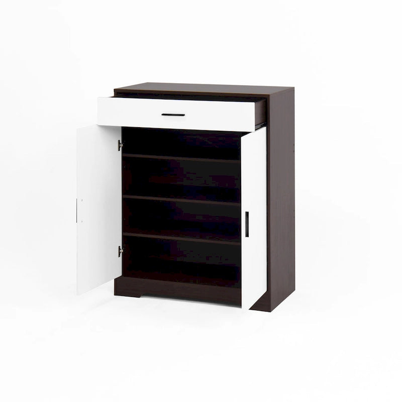 4-Tier Shoe Cabinet with Drawer & 2 Doors, Adjustable Shelves – Walnut / Natural