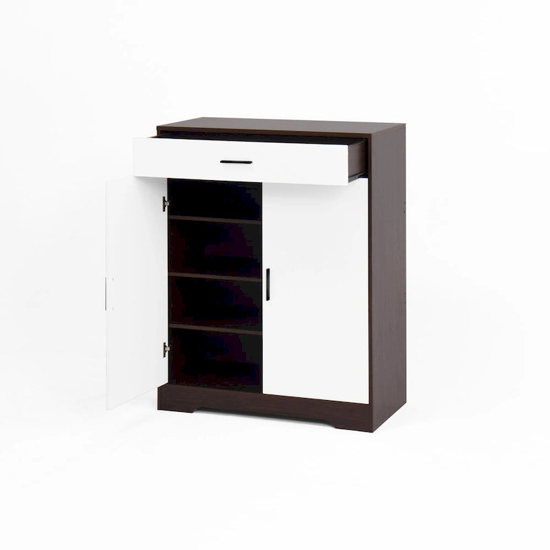 4-Tier Shoe Cabinet with Drawer & 2 Doors, Adjustable Shelves – Walnut / Natural