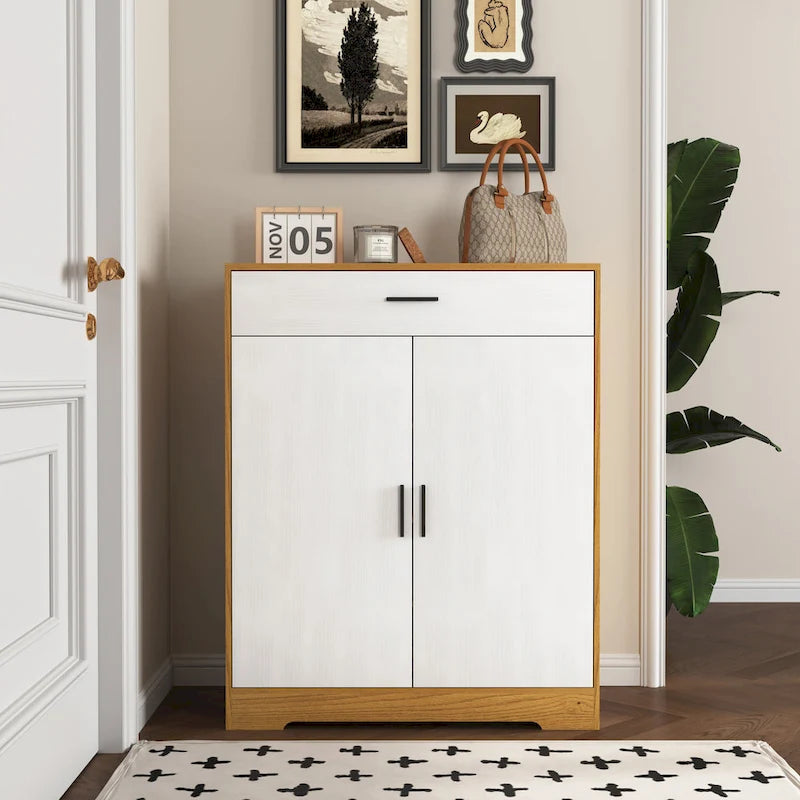4-Tier Shoe Cabinet with Drawer & 2 Doors, Adjustable Shelves – Walnut / Natural