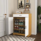 4-Tier Shoe Cabinet with Drawer & 2 Doors, Adjustable Shelves – Walnut / Natural