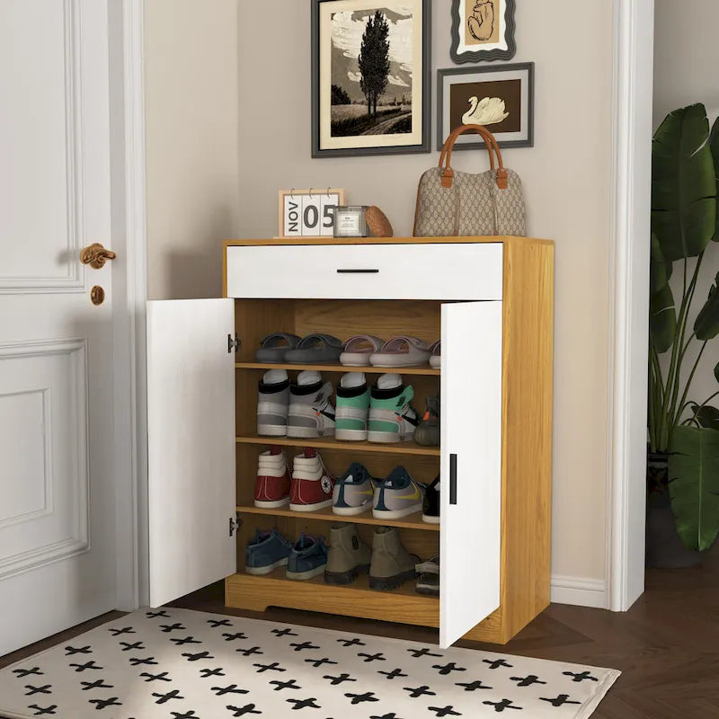 4-Tier Shoe Cabinet with Drawer & 2 Doors, Adjustable Shelves – Walnut / Natural