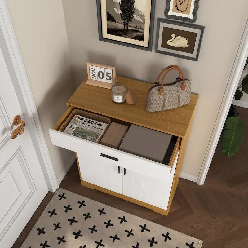 4-Tier Shoe Cabinet with Drawer & 2 Doors, Adjustable Shelves – Walnut / Natural
