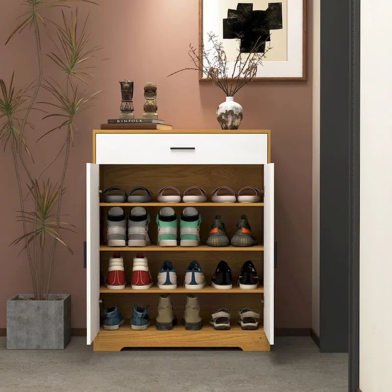 4-Tier Shoe Cabinet with Drawer & 2 Doors, Adjustable Shelves – Walnut / Natural