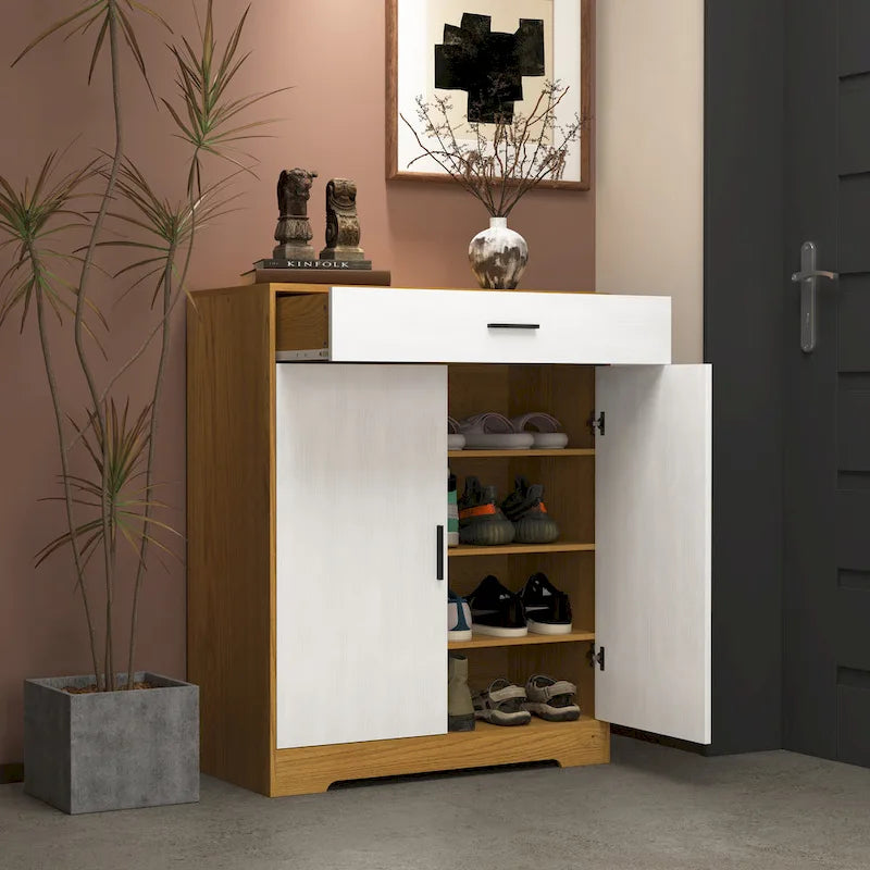 4-Tier Shoe Cabinet with Drawer & 2 Doors, Adjustable Shelves – Walnut / Natural
