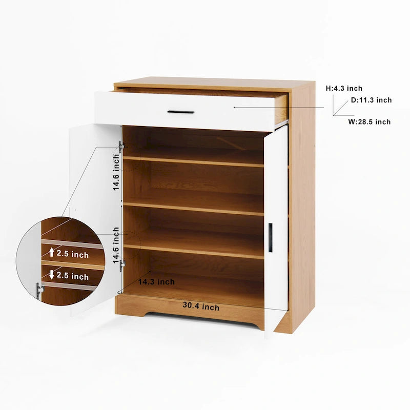 4-Tier Shoe Cabinet with Drawer & 2 Doors, Adjustable Shelves – Walnut / Natural