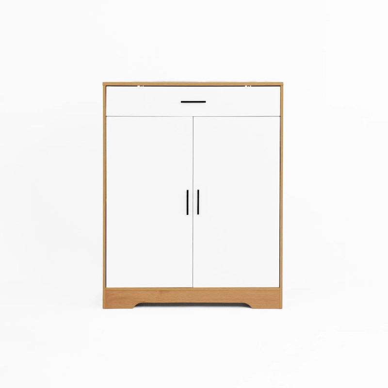 4-Tier Shoe Cabinet with Drawer & 2 Doors, Adjustable Shelves – Walnut / Natural
