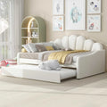 White/Pink Velvet Upholstered Full Size Daybed with Trundle, 2-Person