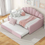 White/Pink Velvet Upholstered Full Size Daybed with Trundle, 2-Person