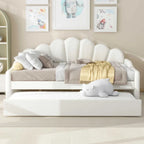 White/Pink Velvet Upholstered Full Size Daybed with Trundle, 2-Person