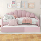 White/Pink Velvet Upholstered Full Size Daybed with Trundle, 2-Person