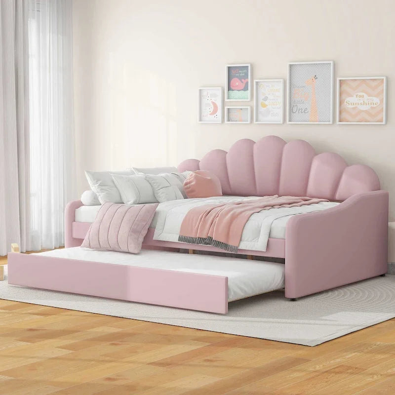 White/Pink Velvet Upholstered Full Size Daybed with Trundle, 2-Person
