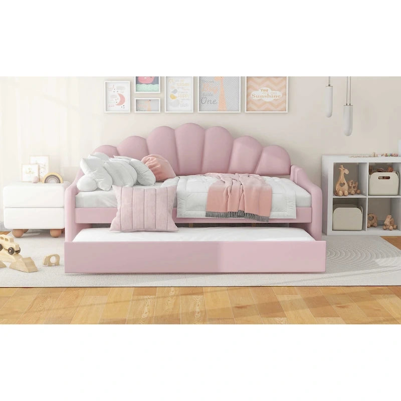 White/Pink Velvet Upholstered Full Size Daybed with Trundle, 2-Person
