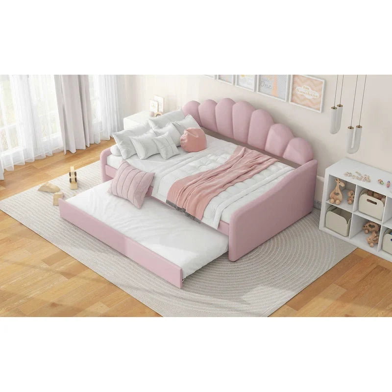 White/Pink Velvet Upholstered Full Size Daybed with Trundle, 2-Person
