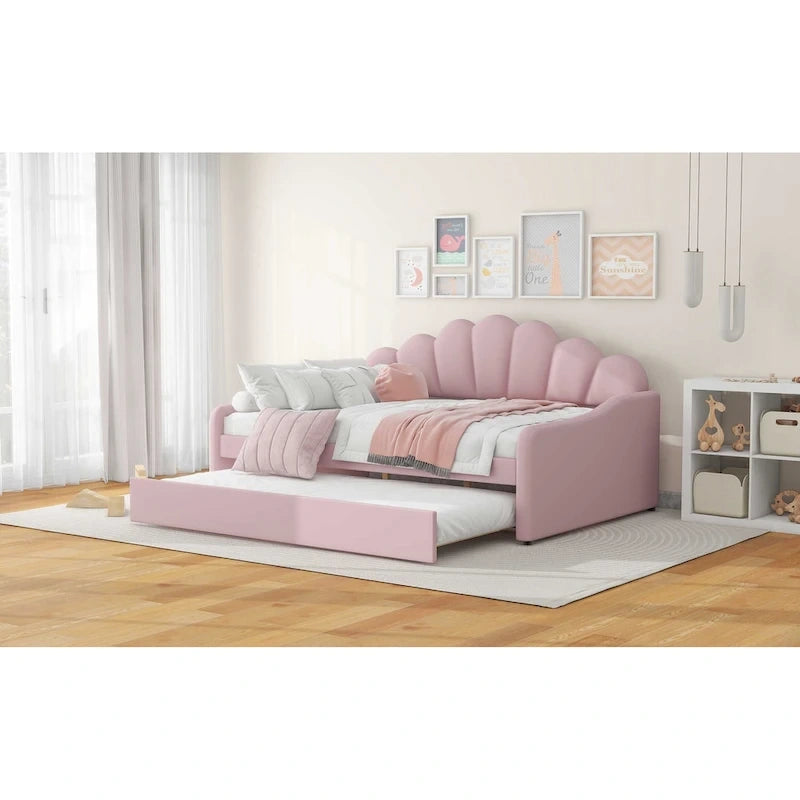 White/Pink Velvet Upholstered Full Size Daybed with Trundle, 2-Person