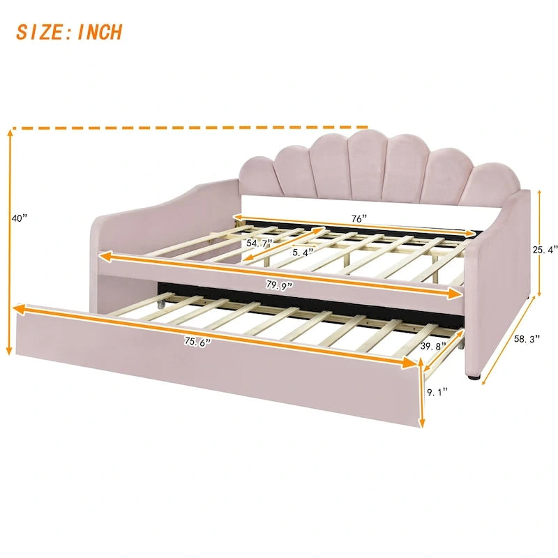 White/Pink Velvet Upholstered Full Size Daybed with Trundle, 2-Person
