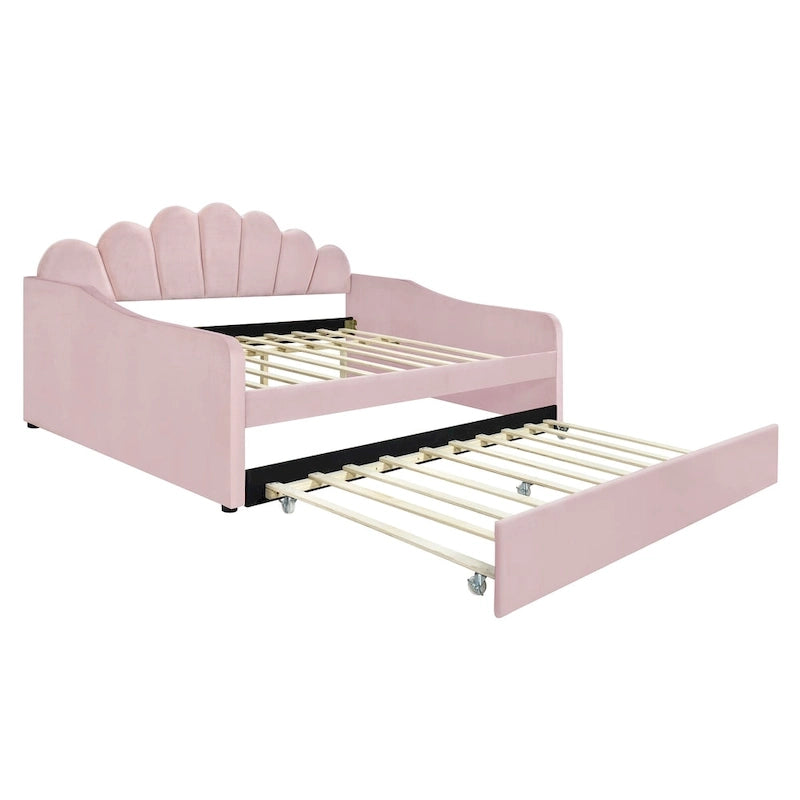 White/Pink Velvet Upholstered Full Size Daybed with Trundle, 2-Person