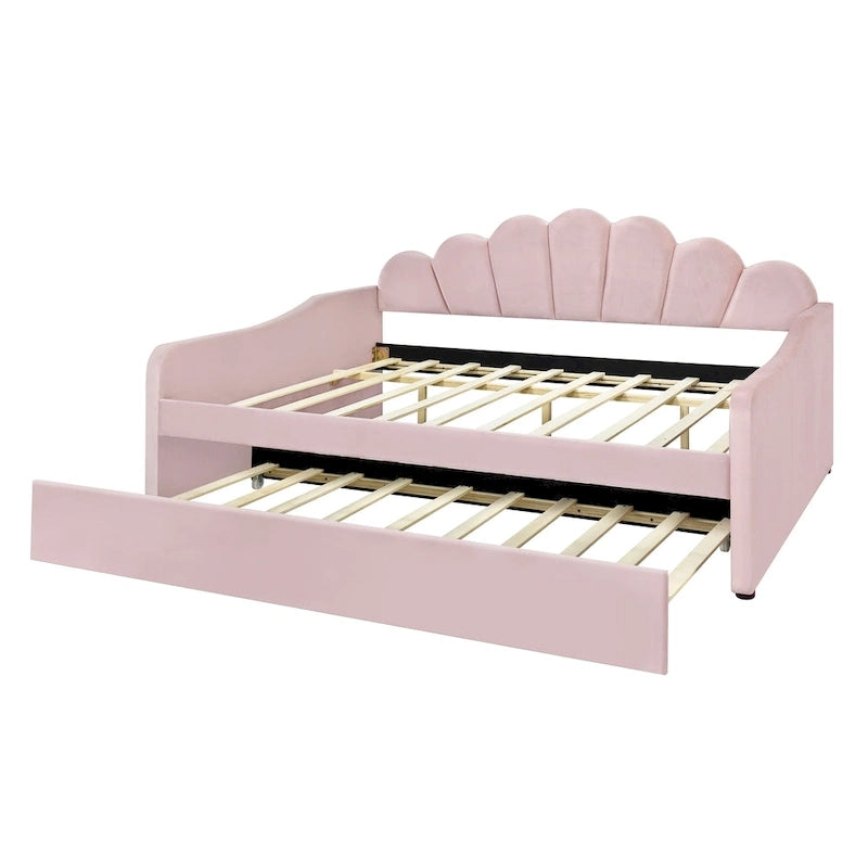 White/Pink Velvet Upholstered Full Size Daybed with Trundle, 2-Person
