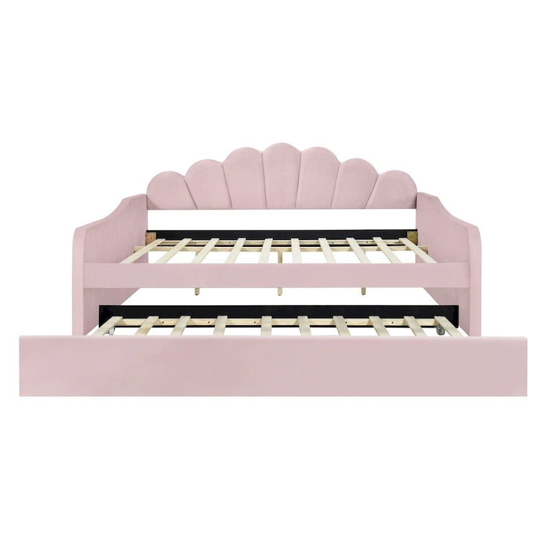 White/Pink Velvet Upholstered Full Size Daybed with Trundle, 2-Person