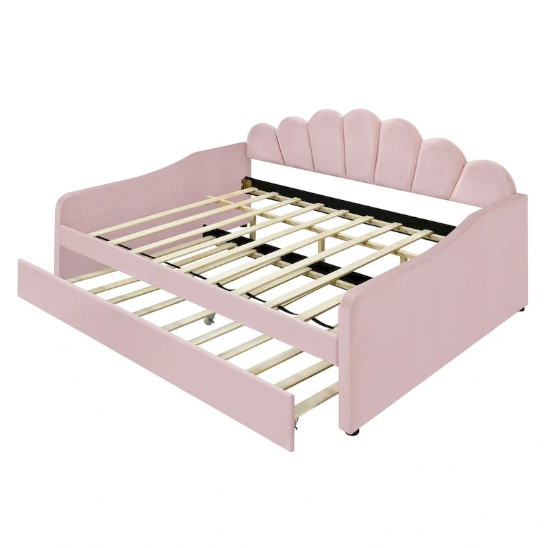 White/Pink Velvet Upholstered Full Size Daybed with Trundle, 2-Person