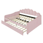 White/Pink Velvet Upholstered Full Size Daybed with Trundle, 2-Person