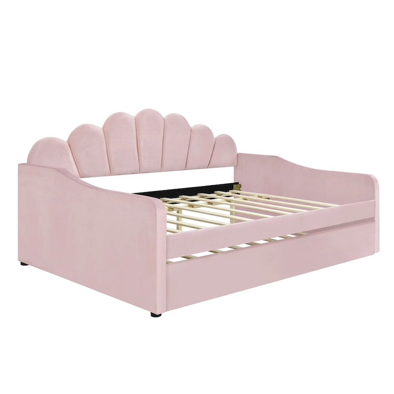 White/Pink Velvet Upholstered Full Size Daybed with Trundle, 2-Person