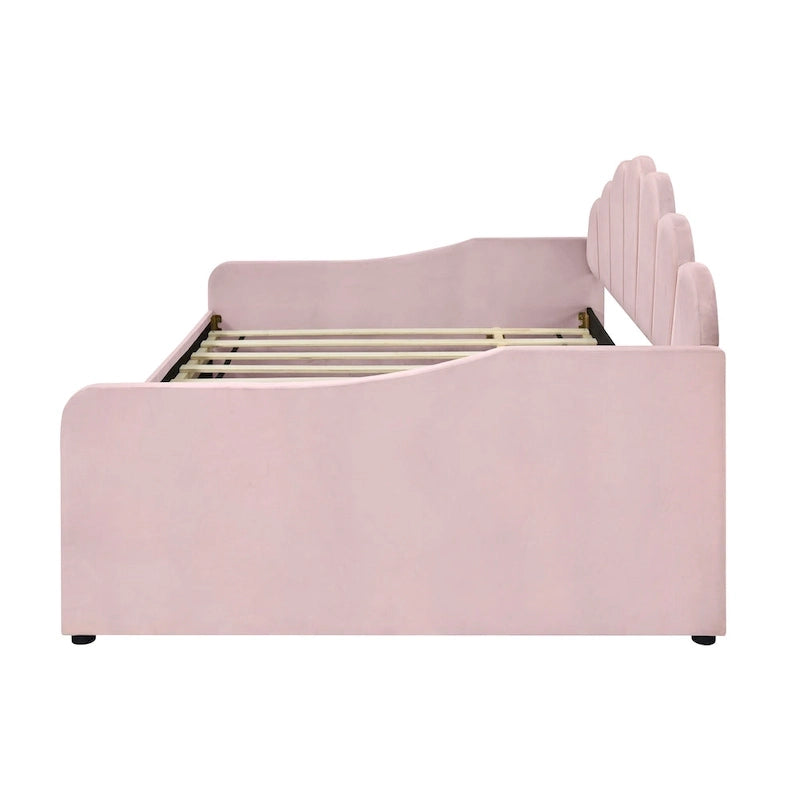 White/Pink Velvet Upholstered Full Size Daybed with Trundle, 2-Person