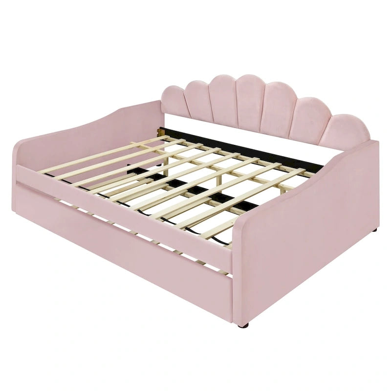 White/Pink Velvet Upholstered Full Size Daybed with Trundle, 2-Person