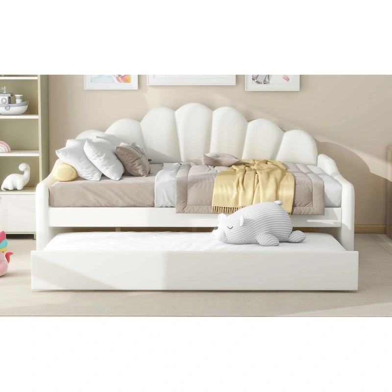 White/Pink Velvet Upholstered Full Size Daybed with Trundle, 2-Person