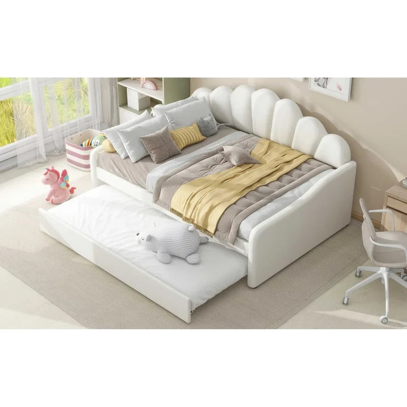 White/Pink Velvet Upholstered Full Size Daybed with Trundle, 2-Person