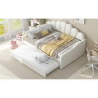 White/Pink Velvet Upholstered Full Size Daybed with Trundle, 2-Person