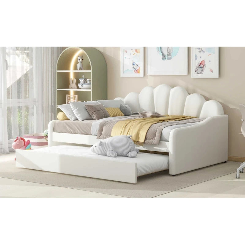 White/Pink Velvet Upholstered Full Size Daybed with Trundle, 2-Person
