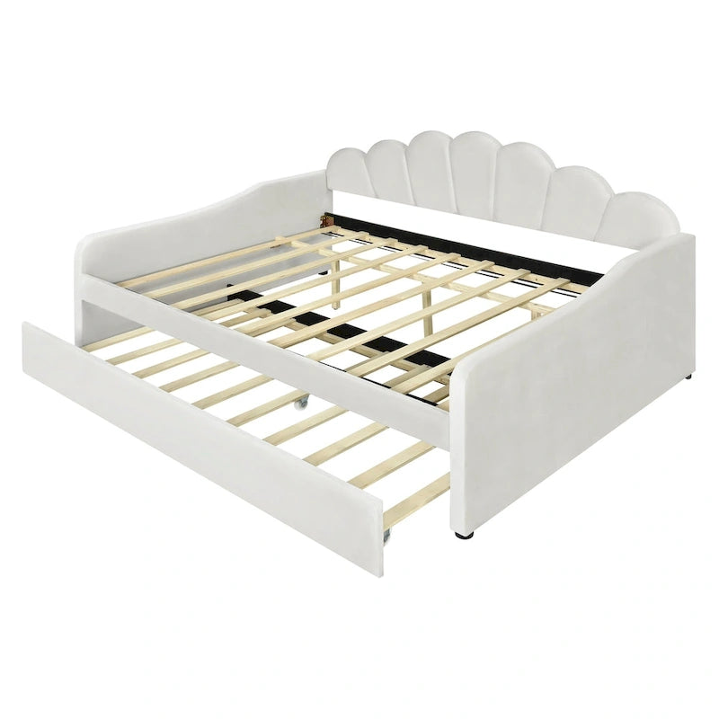 White/Pink Velvet Upholstered Full Size Daybed with Trundle, 2-Person