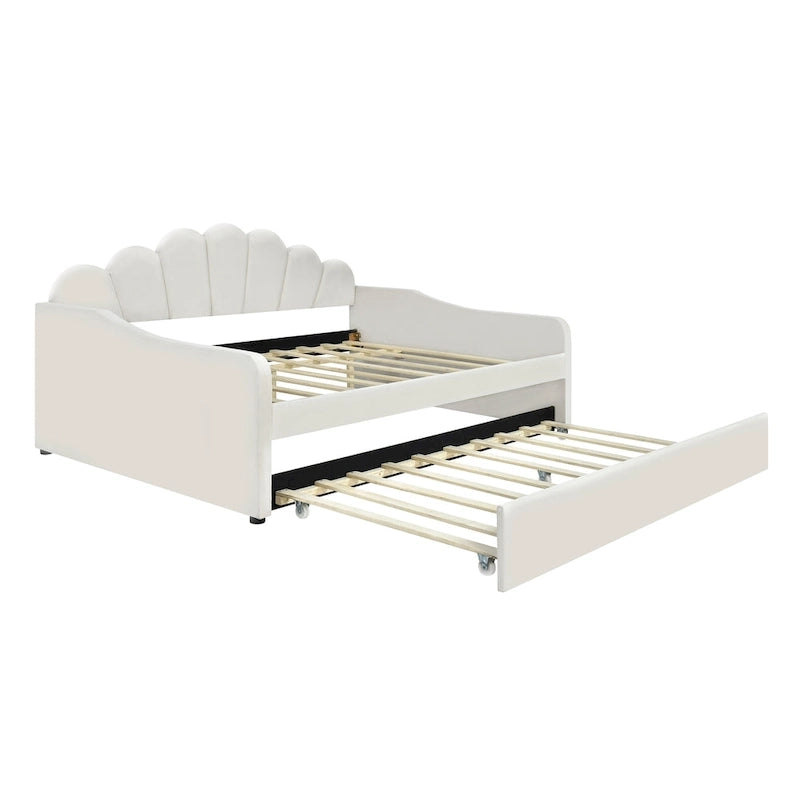 White/Pink Velvet Upholstered Full Size Daybed with Trundle, 2-Person