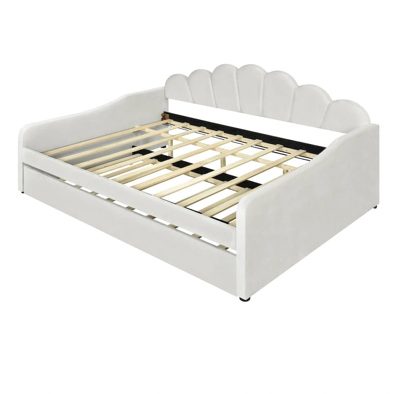 White/Pink Velvet Upholstered Full Size Daybed with Trundle, 2-Person
