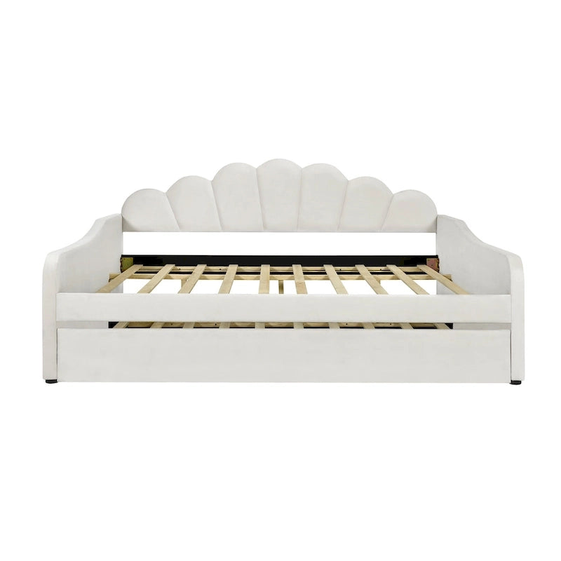 White/Pink Velvet Upholstered Full Size Daybed with Trundle, 2-Person