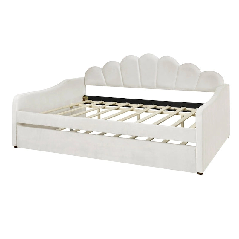 White/Pink Velvet Upholstered Full Size Daybed with Trundle, 2-Person