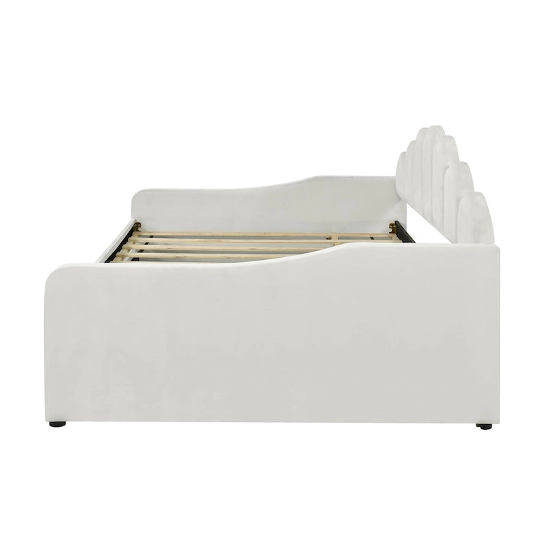 White/Pink Velvet Upholstered Full Size Daybed with Trundle, 2-Person
