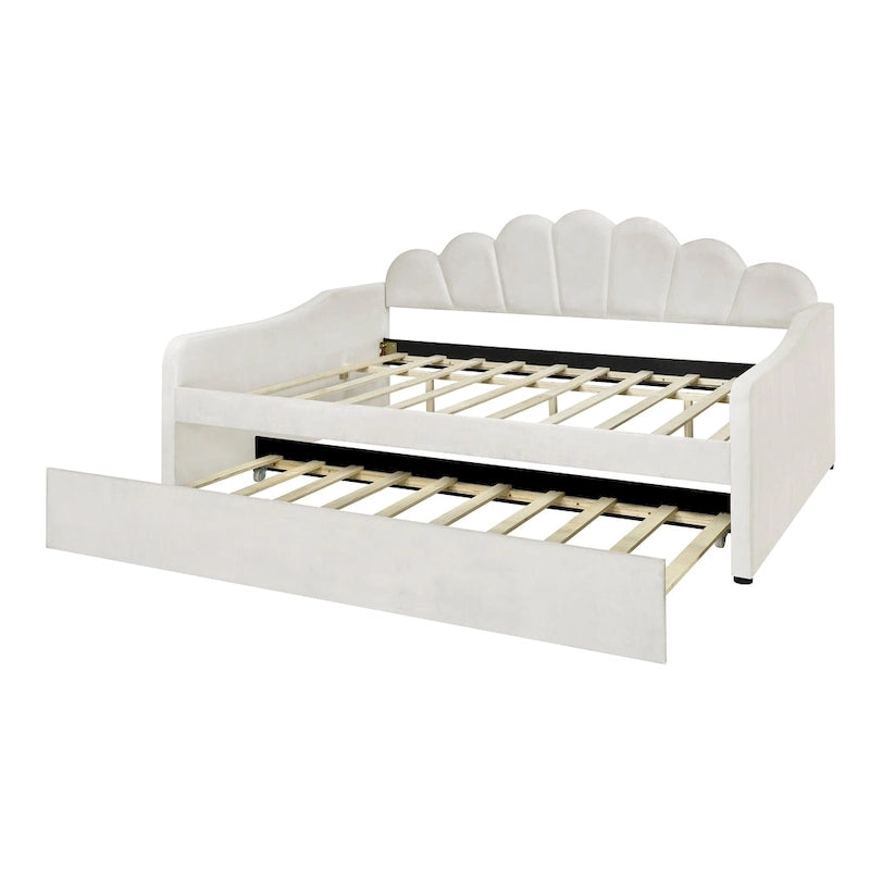 White/Pink Velvet Upholstered Full Size Daybed with Trundle, 2-Person