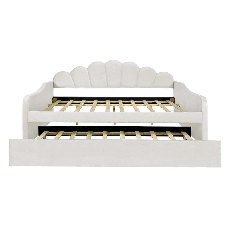 White/Pink Velvet Upholstered Full Size Daybed with Trundle, 2-Person