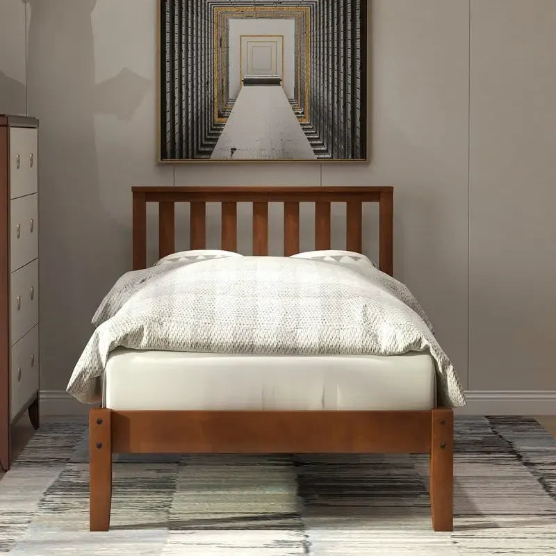 Walnut Twin Platform Bed with Headboard, Wood Slat Support